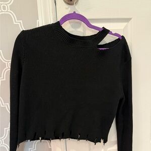 Black Distressed Crew Neck Sweater - Women